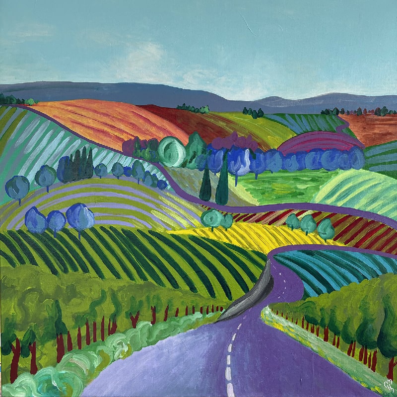 Vue sur les vignes bordelaises, route ondulante entre les rangs de ce paysage calme et lumineux.